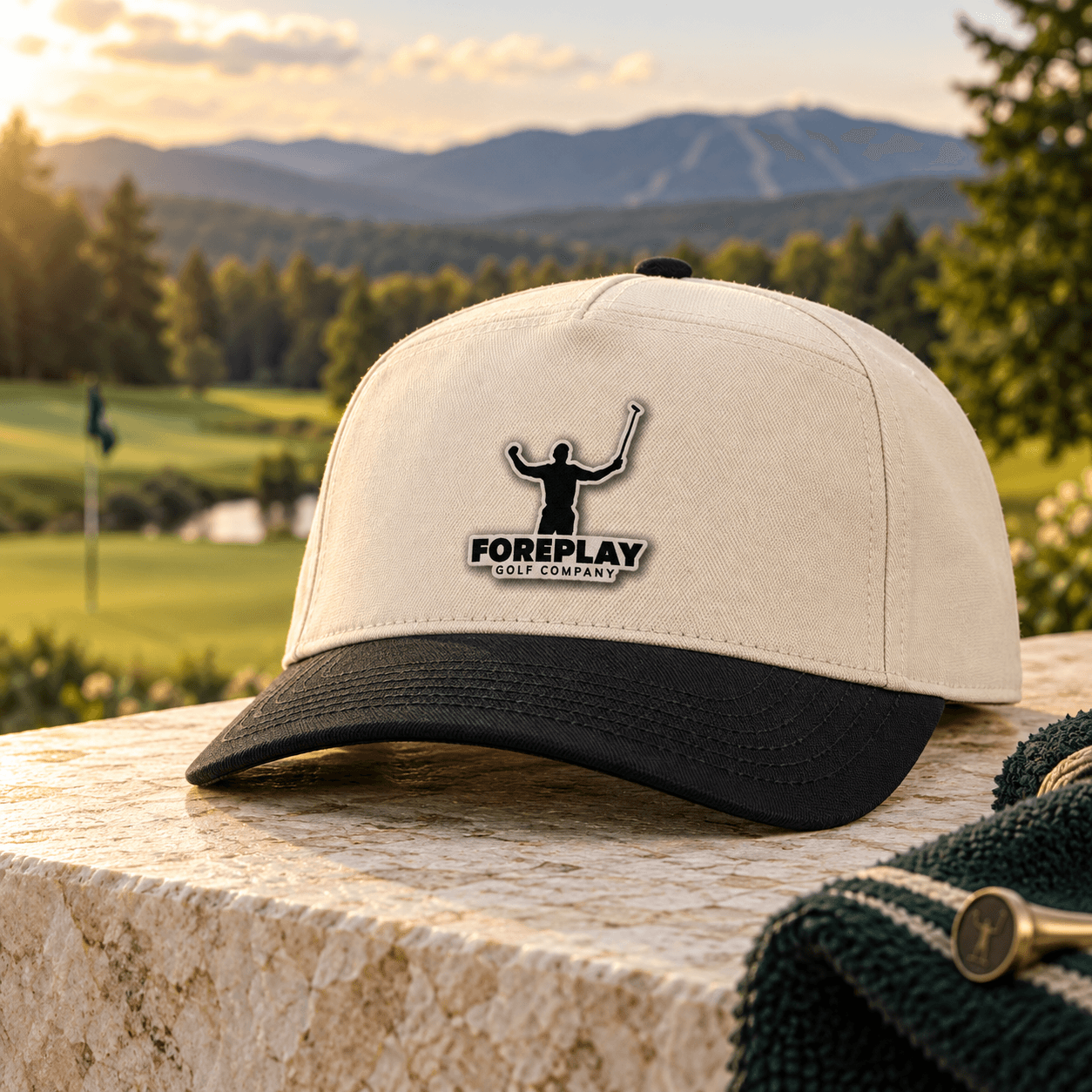 Editorial preview of the beige and black Foreplay hat with raised PVC logo
