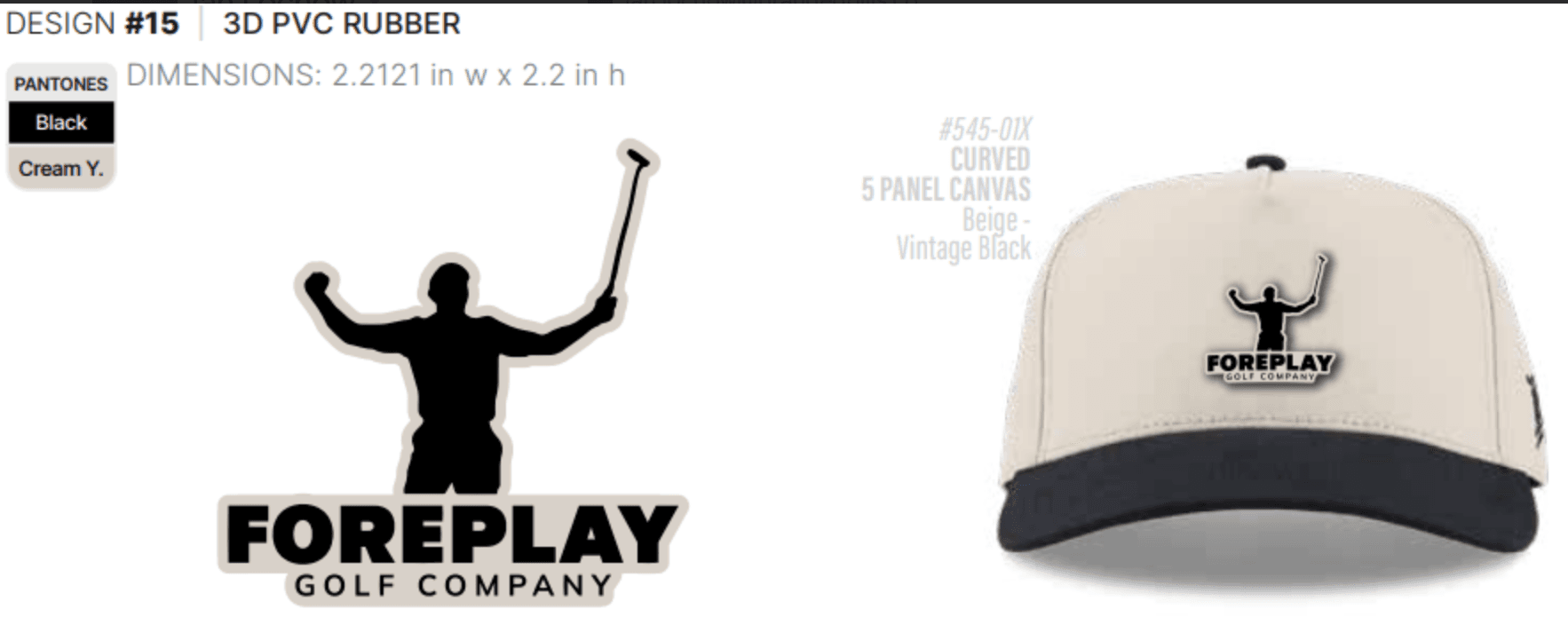 Approved supplier proof for the beige and black Foreplay hat with raised PVC logo