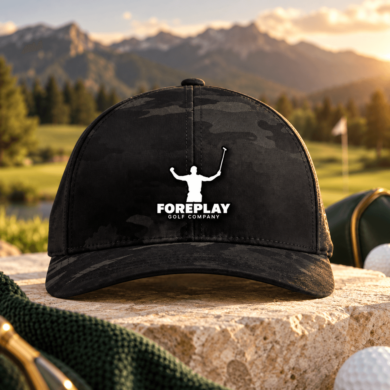 Editorial preview of the black Foreplay camo hat