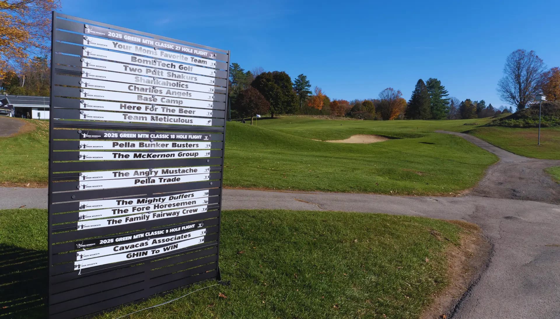 Green Mountain Classic team scoreboard beside the course